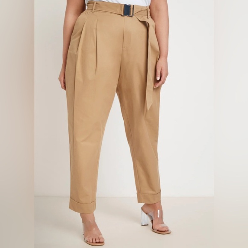 Eloquii Tan High-Waist Pleated Trousers with Belt
